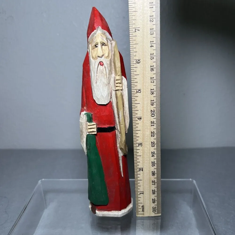 Rustic Hand-Carved & Hand-Painted Santa Wooden Tall Slim Figurine Green Red 8